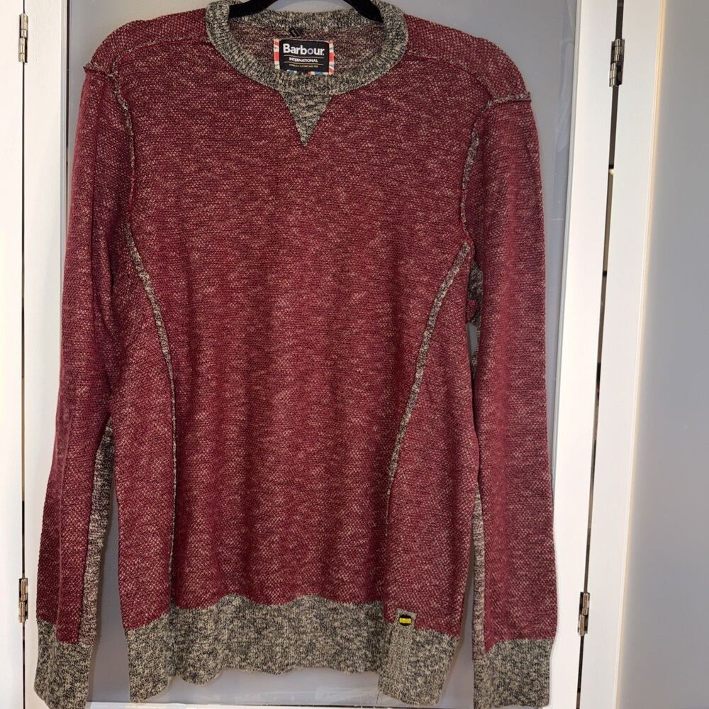Barbour International Mens Cotton Knit Crew Neck Sweater RustGrey Seam Detail L